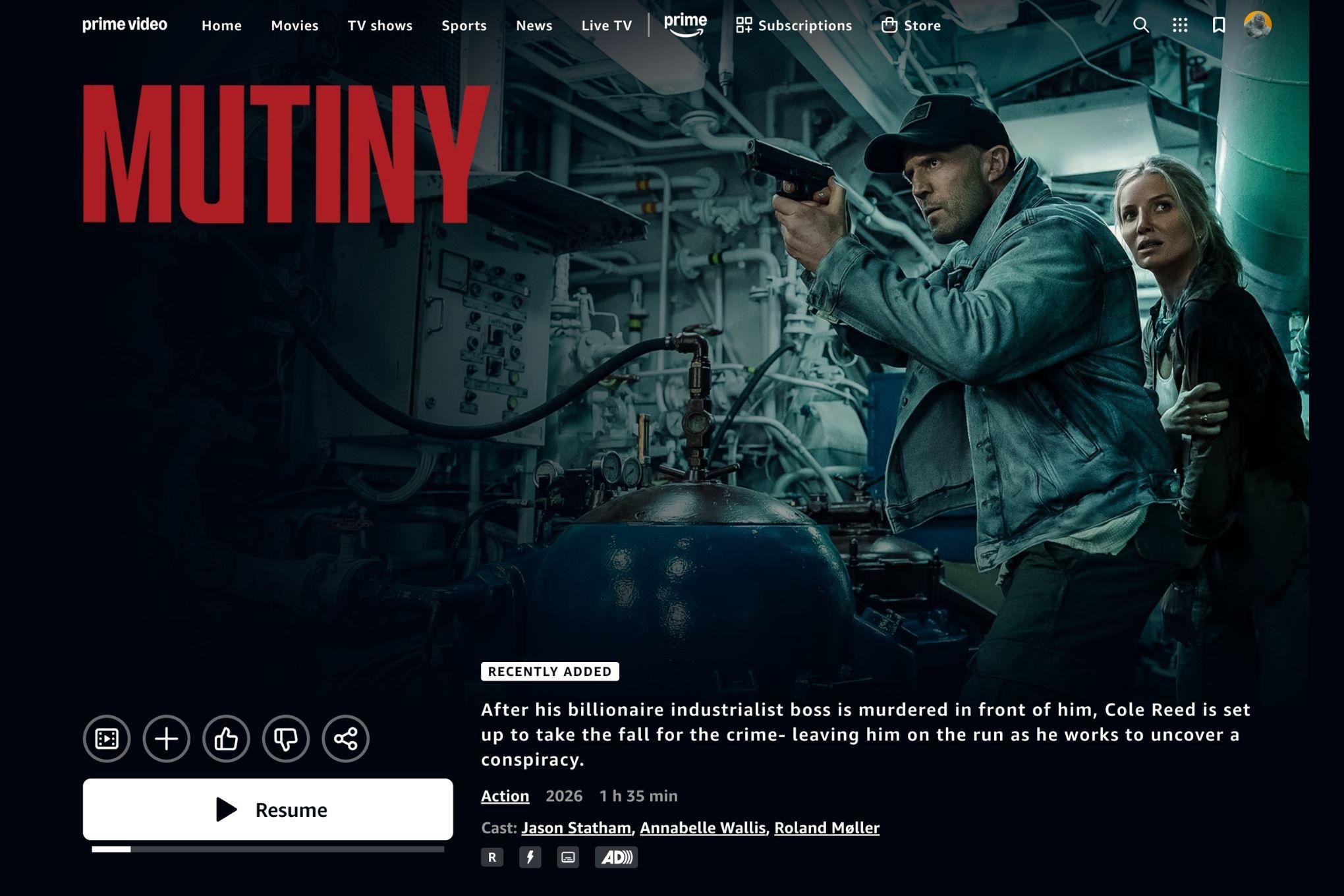 Amazon appears to have leaked Jason Statham's new film Mutiny, streaming it in full on Prime Video in the US, two days before it is supposed to hit theaters