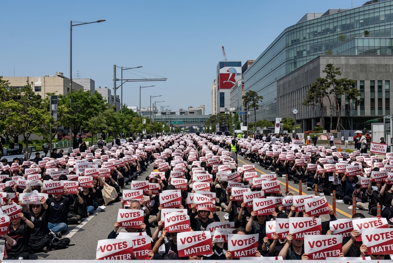 Around 30K attend a Samsung union rally demanding 15% of operating profits for chip division staff amid the AI boom; the demand totals $27B or $400K+ per worker