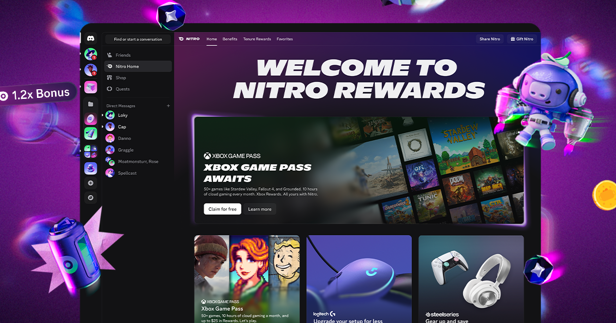 Discord launches Nitro Rewards, giving Nitro subscribers access to offers from gaming services like Xbox Game Pass and hardware like Logitech G at no extra cost
